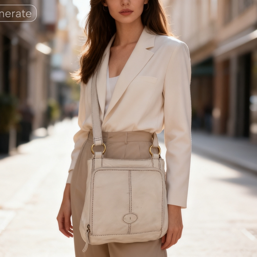 Vintage Fossil Cream Leather Crossbody Bag